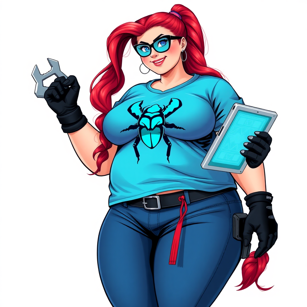 A 28-year-old, full-figured computer hacker and tech wiz, she is the girlfriend of a cyberpunk vigilante. Her long ruby-red ponytail, and striking, bright blue eyes make her stand out. Her wrecking ball-sized midsection, sequoia-sized limbs, and broad shoulders define her full figure, which has been heavily pampered by her doting boyfriend. Her nerdiness is blatantly obvious, and she serves as her boyfriend’s tech expert.

As the loyal and supportive sidekick, she plays a crucial role in their missions, using her digital and technological prowess to assist and protect. She wears an oversized maximum blue t-shirt adorned with a maximum turquoise beetle chest icon, black oversized eyeglasses, matching maximum blue biker pants, and black high-tech gloves. She beams with a neon red blush, holding a futuristic wrench and a digital holographic tablet. She is on a solid white background. She is drawn as if she was in a retro 2D cyberpunk fighting game. Her midsection is bloated to emphasize her figure.