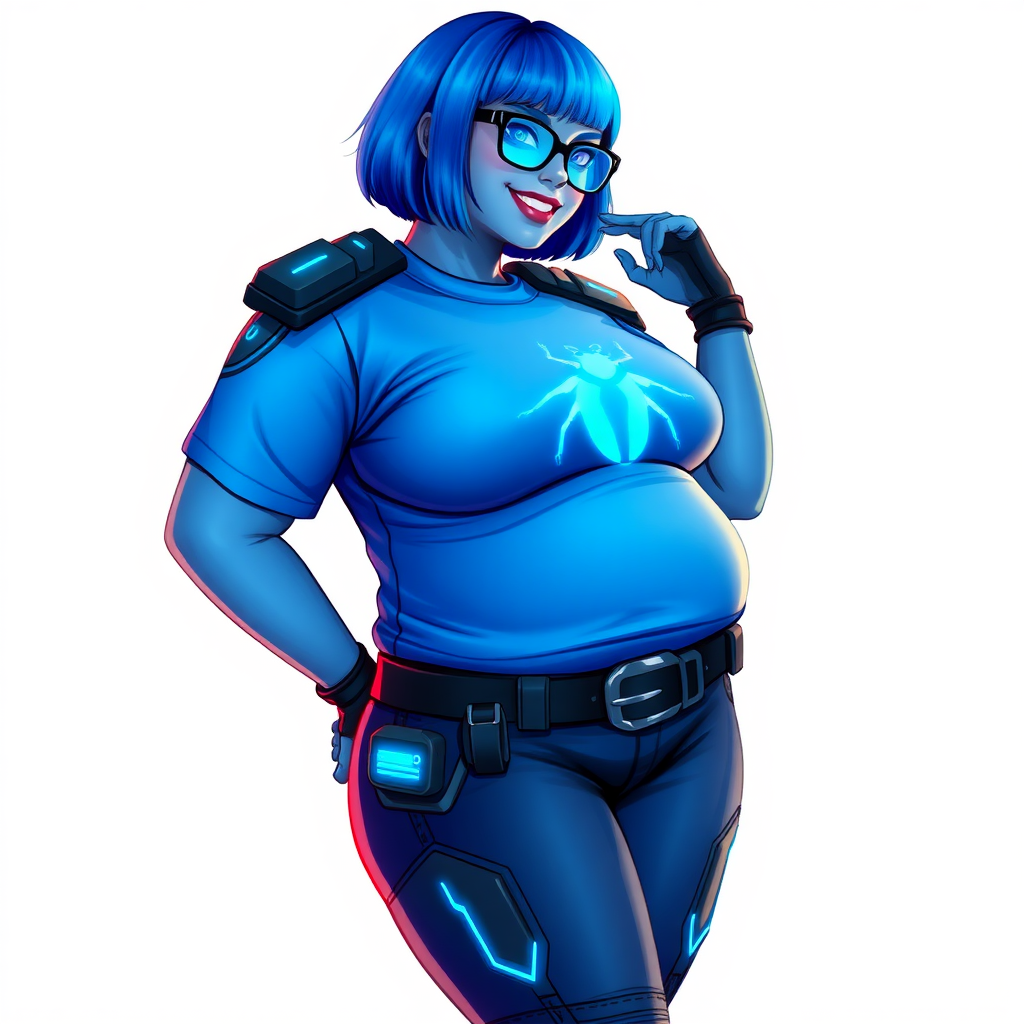 A 28-year-old, full-figured, metallic maximum blue (5PB 5/10) skinned computer program hybrid with a maximum blue bob cut. She has a non-athletic build, highlighted by a prominent, round, large midsection (with emphasis on her round large belly), which shows the effects of her new love of junk food acquired from her boyfriend. As the full-figured, nerdy, digital sidekick to her cyberpunk vigilante boyfriend, her metallic maximum blue skin and maximum blue lipstick (5PB 5/12) emphasize her digital nature. Her skin has a subtle, animated glow, with digital patterns occasionally flickering across it, making her digital nature obvious. She wears a digital, computerized costume, consisting of a massive, tight-fitting, maximum blue t-shirt (5PB 5/12) made out of advanced nanotech with a neon blue glowing chest icon of a beetle, hi-tech shoulder pads with neon blue accents, a black hi-tech belt with a digital neon blue glowing buckle, digital maximum blue biker pants (5PB 5/12) with neon blue accents, and black hi-tech fingerless biker gloves with neon blue glowing accents. Her neon blue glowing eyes, black eyeglasses with neon blue glowing lenses equipped with a built-in HUD, and bashful smile with neon red blush accentuate her nerdiness. She stands bashfully with one hand behind her back and the other hand gently touching her cheek, her costume covering all her skin and emphasizing her full figure (especially her round large belly). She is clearly non-athletic, with a focus on her full-figured physique. Despite her build, she radiates beauty. She has a slim face compared to her physique, accentuating her radiant beauty. She is on a solid white background. She is drawn as if she were in a retro 2D cyberpunk fighting game.