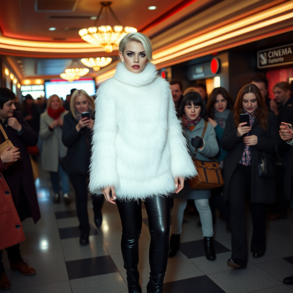 1990 winter evening, crowded cinema lobby: Sam, 19 years old beautiful involuntary femboy, rebellious intractable character, petite boyish figure, platinum blond boyish rebel punk hairstyle, flawless heavily made-up face with sharp arched tattooed eyebrows, wearing Supertanya-style fluffy very fuzzy bright white angora thigh-length turtleneck-poncho fully covering body and arms, silver-glitter leggings, black leather high-heeled pumps, silver earrings, puzzled alarmed, pout serious, impatiently waiting for her master. Other visitors watching laughing taking pictures. Full view of scene.