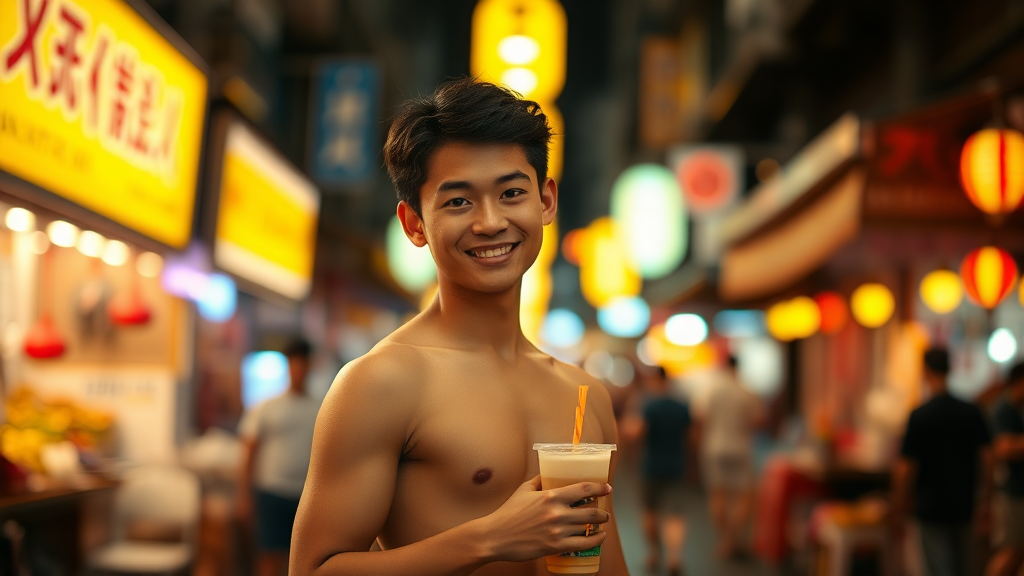 Background street area, brightly lit, blurred, Taiwanese boy walking in a night market, boy facing forward, wearing a sweet smile, muscular build, bare upper body, holding bubble tea in hand.