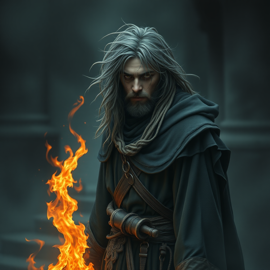 D&D fantasy style 4k human sorcerer that was brutally experimented on, around 20 years ago, long unkempt hair, adept at fire magic, walking in the mists, dark fantasy