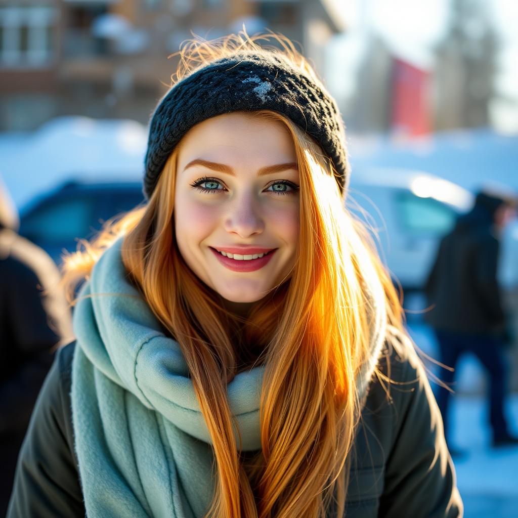 beautiful young woman with ginger cherry blonde long hair, happy full lips, perfect eyebrows, pale skin, on Alaska during winter in Anchorage on sunny snow day