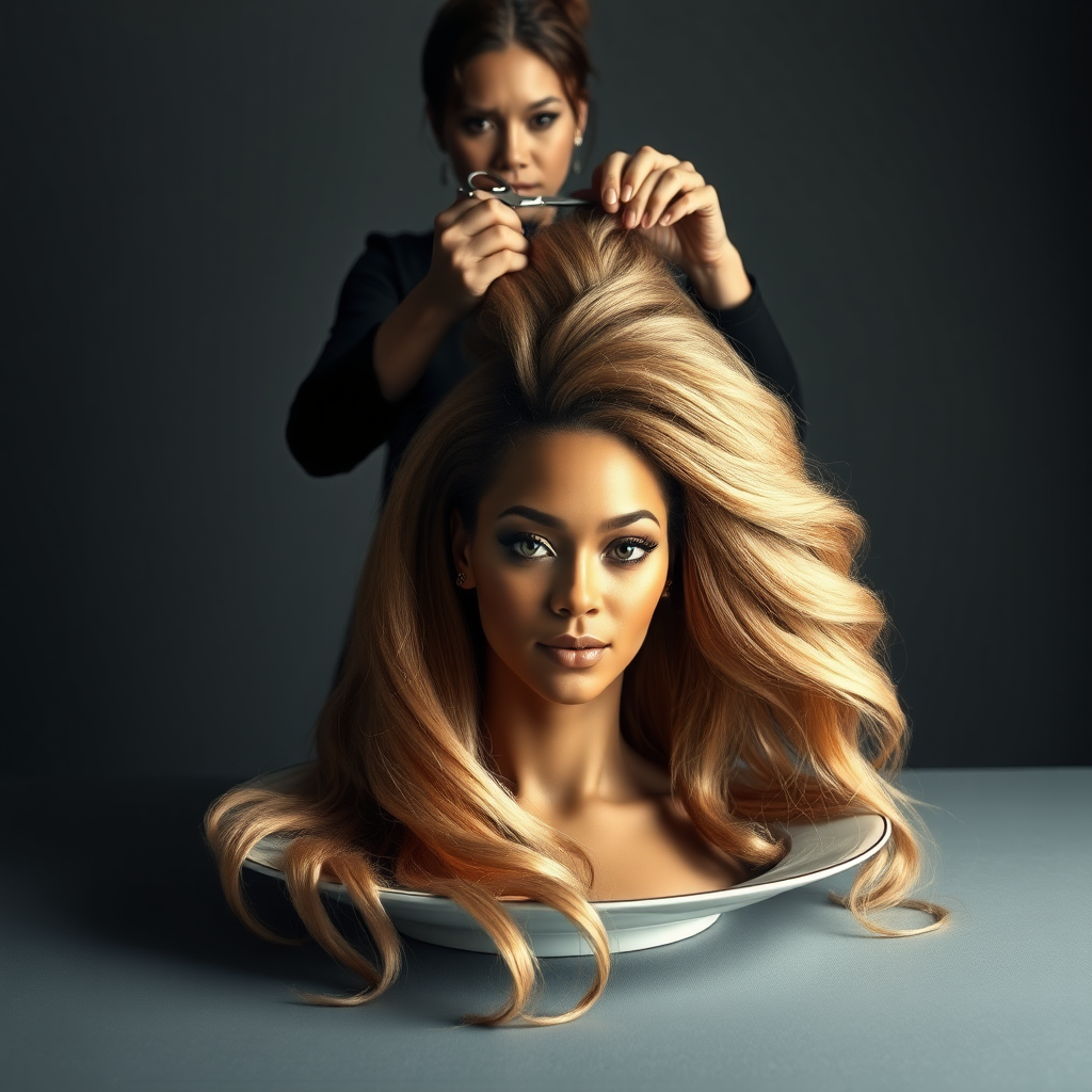 In a surreal and provocative scene, a beautifully tethered, disembodied head of Beyoncé rests gracefully on an elegant porcelain plate, her long, luxurious hair cascading like a waterfall of silky strands around the edges, creating a striking contrast against the stark, muted gray background. The sheen of her skin glows softly, exuding an air of ethereal beauty, while her chin rests directly on the plate, poised and serene. Behind her, a skilled hairdresser, clad in chic black attire, stands with a focused expression, gently teasing and arranging her magnificent hair with nimble fingers, creating intricate patterns that defy gravity. The atmosphere is oddly intimate yet surreal, blending an appreciation of beauty with an unsettling twist, as soft light casts subtle shadows, enhancing the textures of both hair and porcelain. The air is filled with a quiet stillness, broken only by the subtle sound of the hairdresser’s scissors snipping rhythmically and the faint fragrance of hair products mingling with the cool air, heightening the unusual but captivating atmosphere of the scene.