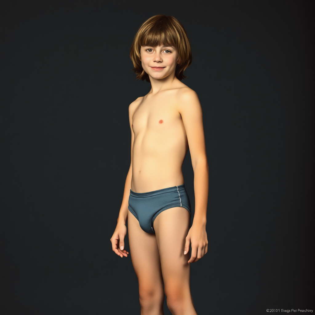 A skinny 14yo teen boy, long hair bowl cut, wearing tight narrow speedo, long legs, narrow thighs. full-length view. 1970s. art-photorealistic, ultra high resolution, 16K, Antonio del Polayolo style background. An atmosphere of freshness and joy. HTML_web_color_name='peachpuff', Negative: grainy, blurry, bad anatomy, extra limbs, watermark.