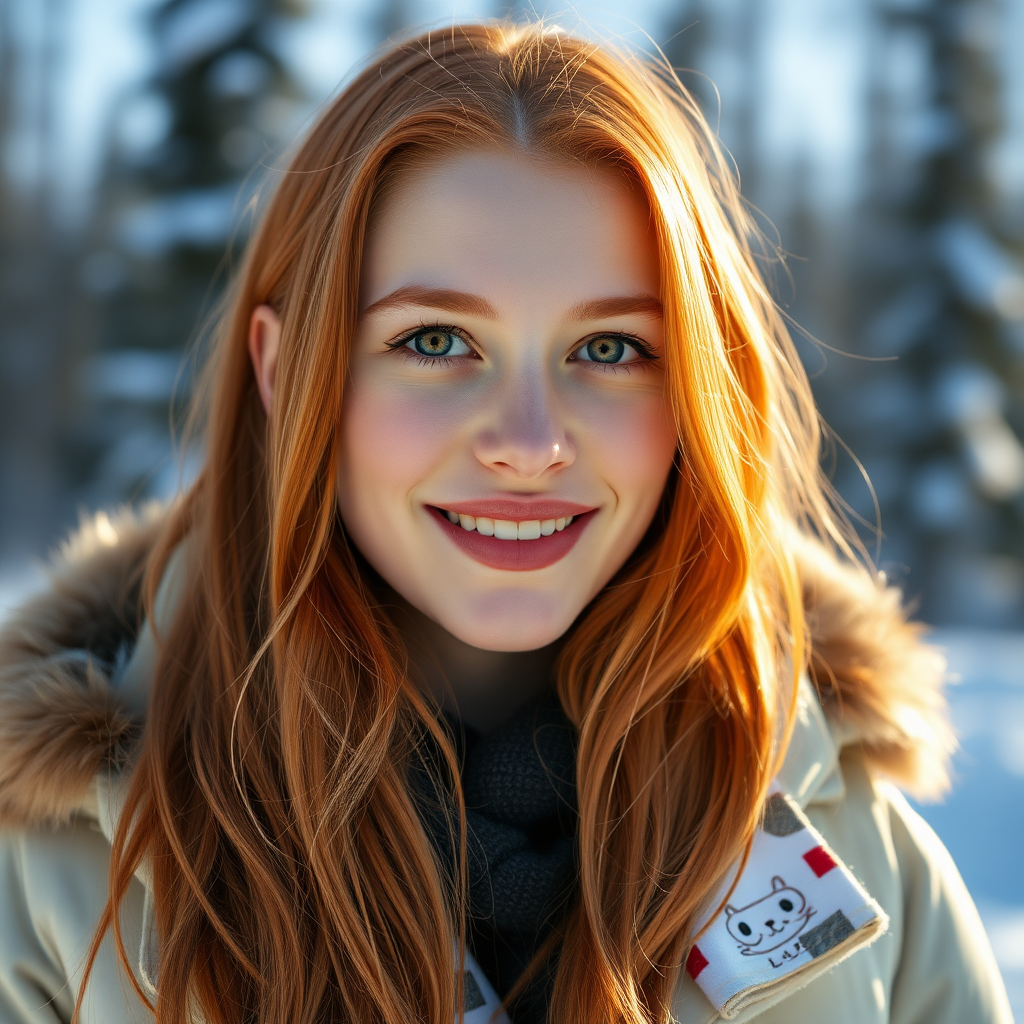 beautiful happy young woman with ginger cherry blonde long hair, full lips, perfect eyebrows, pale skin, on Alaska during winter in Anchorage on sunny snow day