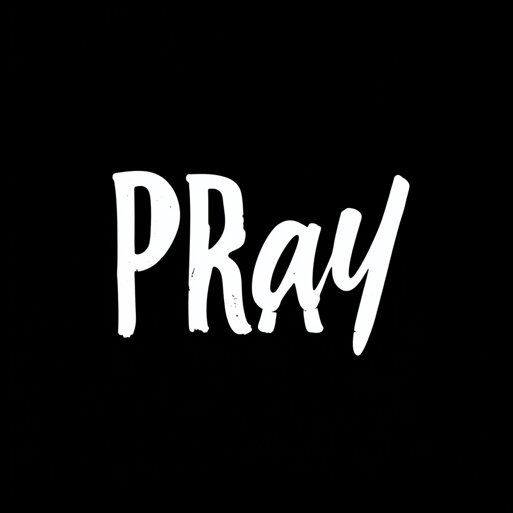 "Pray" with a sharp font on a black background and with font.