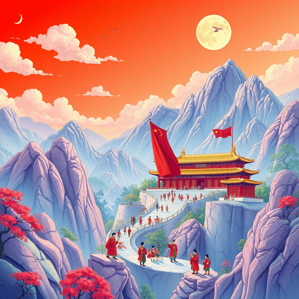 The Chinese people celebrate their National Day, Baoding of China, Baoding Museum of Zhili Govern-general's Office
Chinese art, uses a psychedelic color scheme, ultra detailed, illustrations, light red and sky blue, fictional landscapes, psychedelic cartoons, mountain scenery, uhd images, illustration