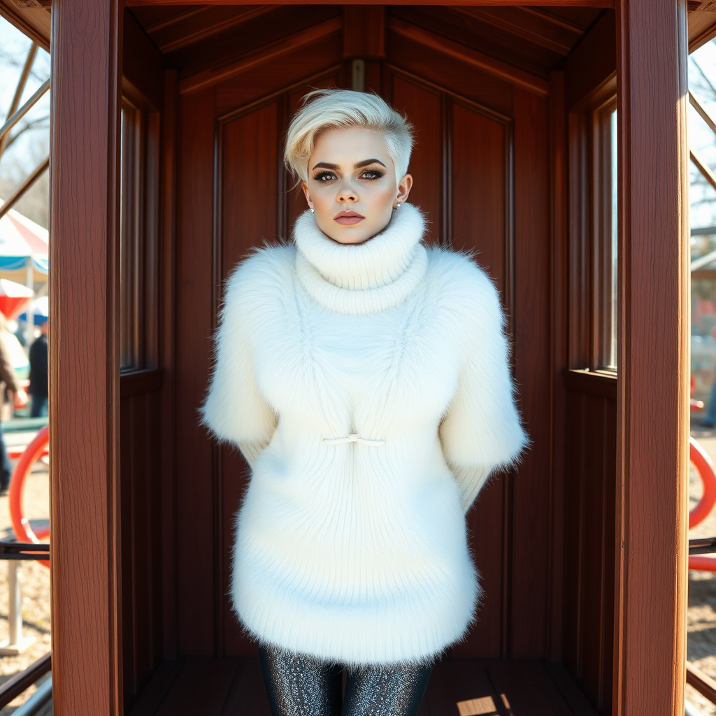 Amusement park wooden “kissing booth,” sunny spring Sunday morning. Sam, 19 years old beautiful involuntary femboy, rebellious intractable character, petite boyish figure, platinum blond boyish rebel punk hairstyle, flawless heavily made-up face with sharp arched tattooed eyebrows, wearing Supertanya-style fluffy very fuzzy bright white angora thigh-length turtleneck-poncho fully covering body and arms, silver-glitter leggings, black leather high-heeled pumps, silver earrings, both hands tied to pole behind back, standing inside kissing booth, waiting for next customer to kiss. Focus on Sam’s face and turtleneck-poncho.