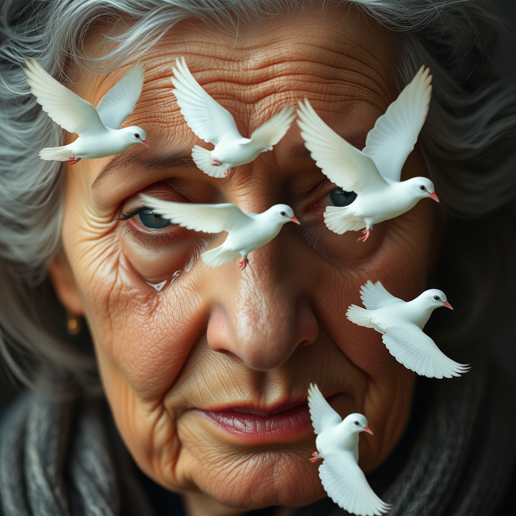 A photorealistic close-up of the face of a beautiful but elderly woman with gray hair. Tears are streaming down her cheeks, creating a deep emotional moment. Direct out of her forehead, white doves are coming out and flying off to the right side of the picture. All doves’ heads are facing in the right direction. The dream of freedom is coming out of her.