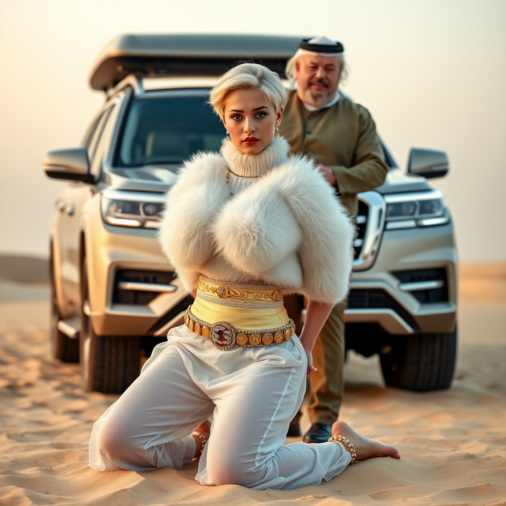 Kuwait desert dunes misty dawn, full size luxury SUV: Melissa, European 17 years old very convincing femboy “trophy-bimbo”, tamed servile docile, very beautiful feminine flawless face, rather short, by hormones very curvaceous womanly figured, platinum blond short tight curls, bold red lips, heavily made-up face, wearing Supertanya-style fluffy very fuzzy bright white angora turtleneck-poncho cropped ending under bust decorated with pearls and gemstones, striking oriental wide gold bridal protection belt, white fully transparent harem pants, full Oriental bridal jewelry including headpiece, nose-ring, coin anklets, striking diamond “$$$” letter brooch on left chest, pout frustrated, hands tied behind back, kneeling in sand in front of SUV, looking at camera. Focus on face and turtleneck-poncho. Standing behind Melissa: older overweight tall proud sheik, approvingly padding Melissa.