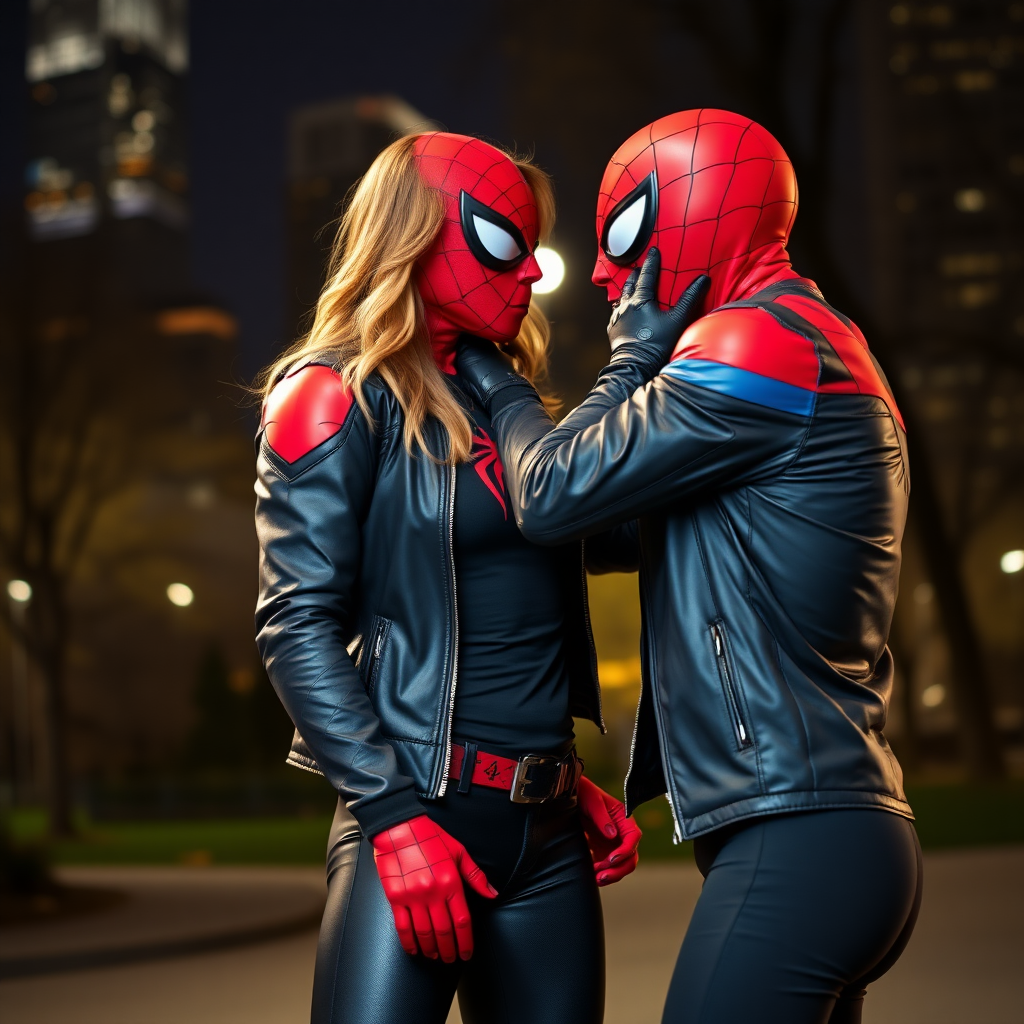 A beautiful angry female burglar in a black leather jacket over a black t-shirt with black pants and gloves slapping Spider-Man in the face in Manhattan park at night.