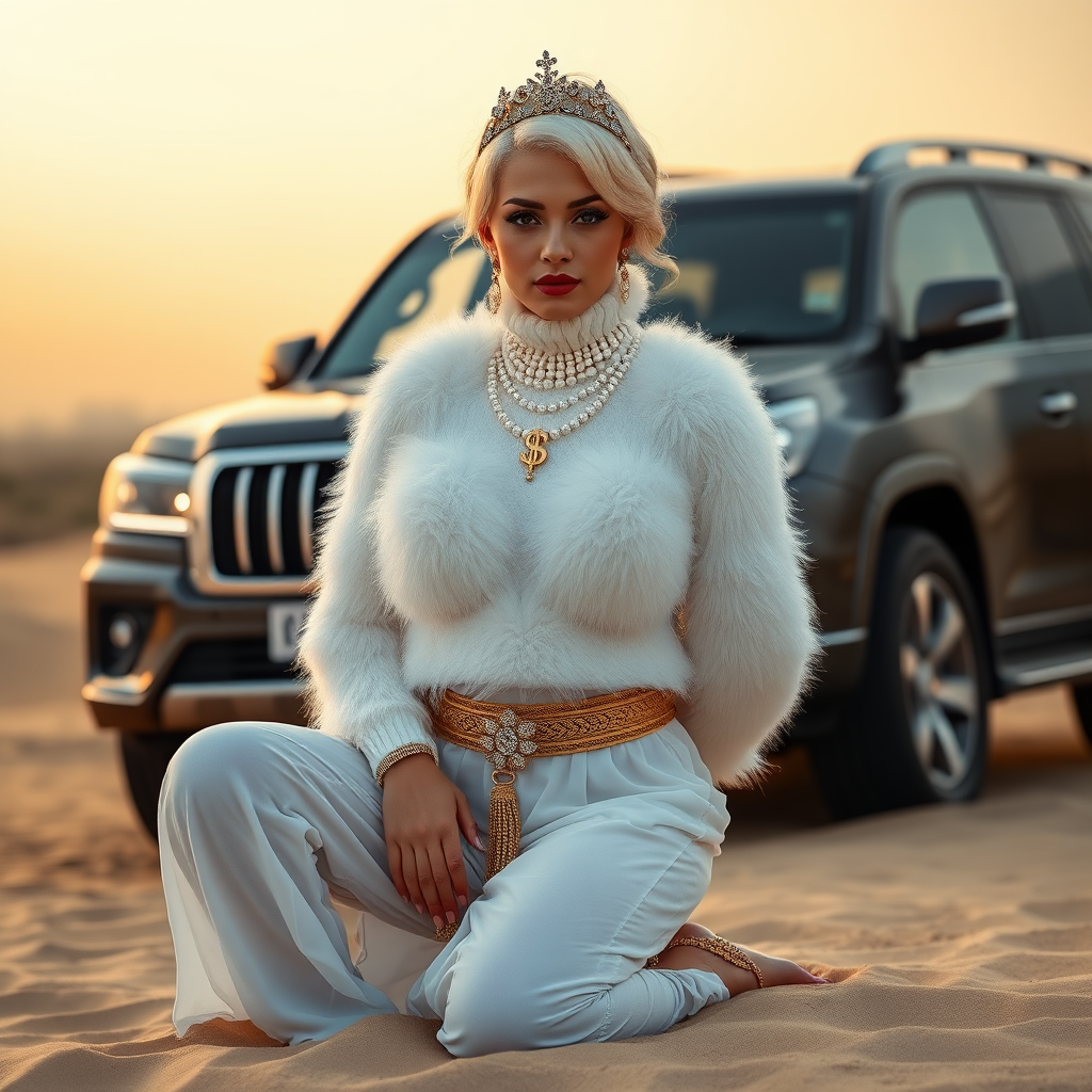 Kuwait desert dunes misty dawn, full size luxury SUV: Melissa, European 17 years old very convincing femboy “trophy-bimbo”, tamed servile docile, very beautiful feminine flawless face, rather short, by hormones very curvaceous womanly figured, platinum blond short tight curls, bold red lips, heavily made-up face, wearing Supertanya-style fluffy very fuzzy bright white angora turtleneck-poncho cropped ending under bust decorated with pearls and gemstones, striking oriental wide gold bridal protection belt, white fully transparent harem pants, full Oriental bridal jewelry with striking headpiece, full Oriental face-jewelry, coin anklets, striking diamond “$$$” letter brooch on left chest, pout frustrated, hands tied behind back, kneeling in sand in front of SUV, looking at camera. Focus on face and turtleneck-poncho.