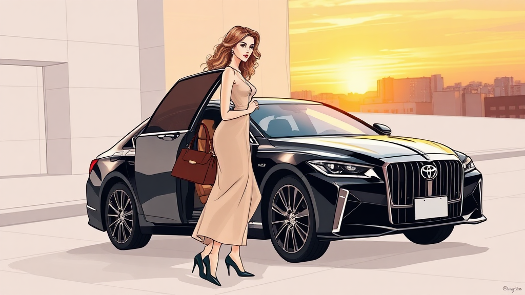 A 16x9 storyboard sketch of a beautiful, upscale woman opening the door to a sleek, black Toyota Crown. She exudes confidence and elegance, wearing a chic, well-fitted designer dress in soft tones, paired with luxury accessories like a leather handbag and subtle, sparkling jewelry. Her hair is styled in polished waves, perfectly complementing her sophisticated demeanor. The scene is set at sunset, with the warm, golden light casting long shadows and highlighting the glossy curves of the car. The sky glows reflecting off the car’s surface. The car is parked on a clean, wide street, surrounded by minimalist modern architecture. Soft city lights are just beginning to flicker on in the distance, enhancing the refined, serene atmosphere of the moment.