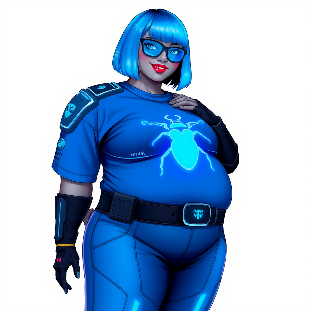 A 28-year-old, full-figured, metallic middle gray skinned computer program hybrid with a vibrant maximum blue bob cut. She has a non-athletic build, highlighted by a prominent, round, large midsection (fully emphasizing her round large belly) while being covered by her large t-shirt, reflecting her new junk food eating habits influenced by her boyfriend. As the full-figured, nerdy, digital sidekick to her cyberpunk vigilante boyfriend, her middle gray metallic skin and maximum blue lipstick underscore her digital essence. She dons a digital, computerized outfit: a large, tight-fitting, high-tech, maximum blue t-shirt with neon blue glowing beetle themed accents complete by a giant neon blue glowing beetle icon on the chest, hi-tech shoulder pads with neon blue accents, a black hi-tech belt with a digital sapphire beetle buckle, digital maximum blue pants with neon blue accents, and black hi-tech gloves with neon blue glowing accents. Her neon blue glowing eyes, black eyeglasses with neon blue glowing lenses equipped with a built-in HUD, and shy smile with neon red blush highlight her nerdiness. She stands bashfully with one hand behind her back and the other gently touching her cheek, her outfit covering all her bare skin and fully emphasizing her full-figured physique (especially her large belly). She is clearly non-athletic, with a heavy focus on her full-figured physique (with full emphasis on her large belly). Despite her build, she radiates beauty. Her slim face contrasts with her physique, accentuating her radiant beauty. She is set against a solid white background. She is drawn as if she were in a retro 2D cyberpunk fighting game.