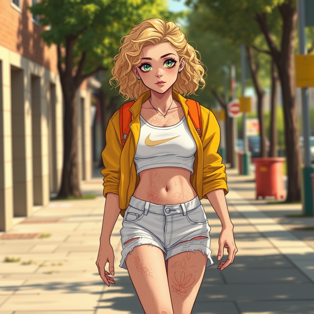 Realistic drawing style image, Extremely good quality 8k resolution drawn manga image of a 15 year old petite and short tomboy girl with golden blonde curly hair with mixed and different colored eyes for each eye and moles on her entire body and is a white American girl, Has on a Gold Jacket over a white extremely short crop top only covering her breasts and nothing more with a design on it, and has on ripped shorts and cool looking sneakers and a deep and big knife cut wound on her stomach from a huge injury she had, with a bright color backpack, ear piercings on, walking on the street to school in the morning with the beautiful sunlight lighting up her body beautifully with no tattoos.