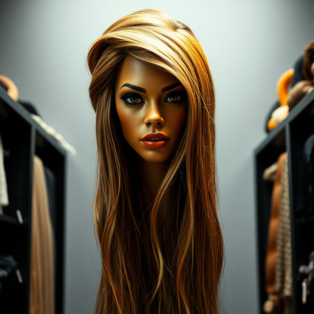 In a well lit, eccentric long hair fetish store, a strikingly unique and surreal display draws attention: the real live, flesh-and-blood disembodied head of a stunning woman reminiscent of Beyoncé, her long, flowing hair cascading like a silky waterfall around her neck. The luxurious strands shimmer with intricate highlights, ranging from deep ebony to sun-kissed gold, accentuating her perfectly sculpted features. Her captivating, dark eyes glisten with an enigmatic allure, expressing an uncanny mix of grace and mischief.

The background is a plain, muted gray, contrasting sharply with the vibrant beauty of the head and her extravagant hair, allowing viewers to fully focus on the astonishing sight.

The shop’s interior is designed to celebrate the beauty and allure of very long hair.