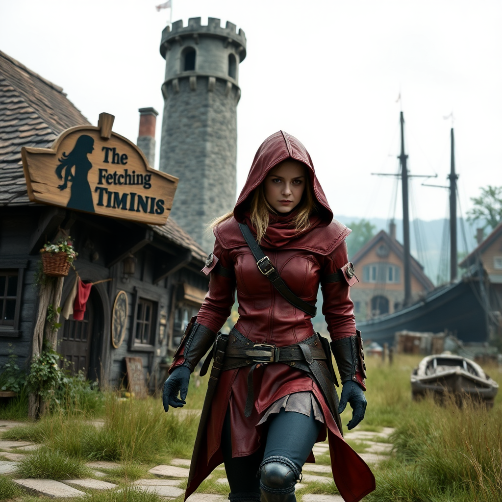 A wide distance shot of a female thief in a pastoral fantasy town. Mage tower in the background. She is fleeing from someone. Bar called "The Fetching Twins," wooden sign (consisting of a silhouette of two women leaning together for a kiss). Village of Dryden, dock with a run down ship. She is wearing red leather armor with a hood, sword belt.