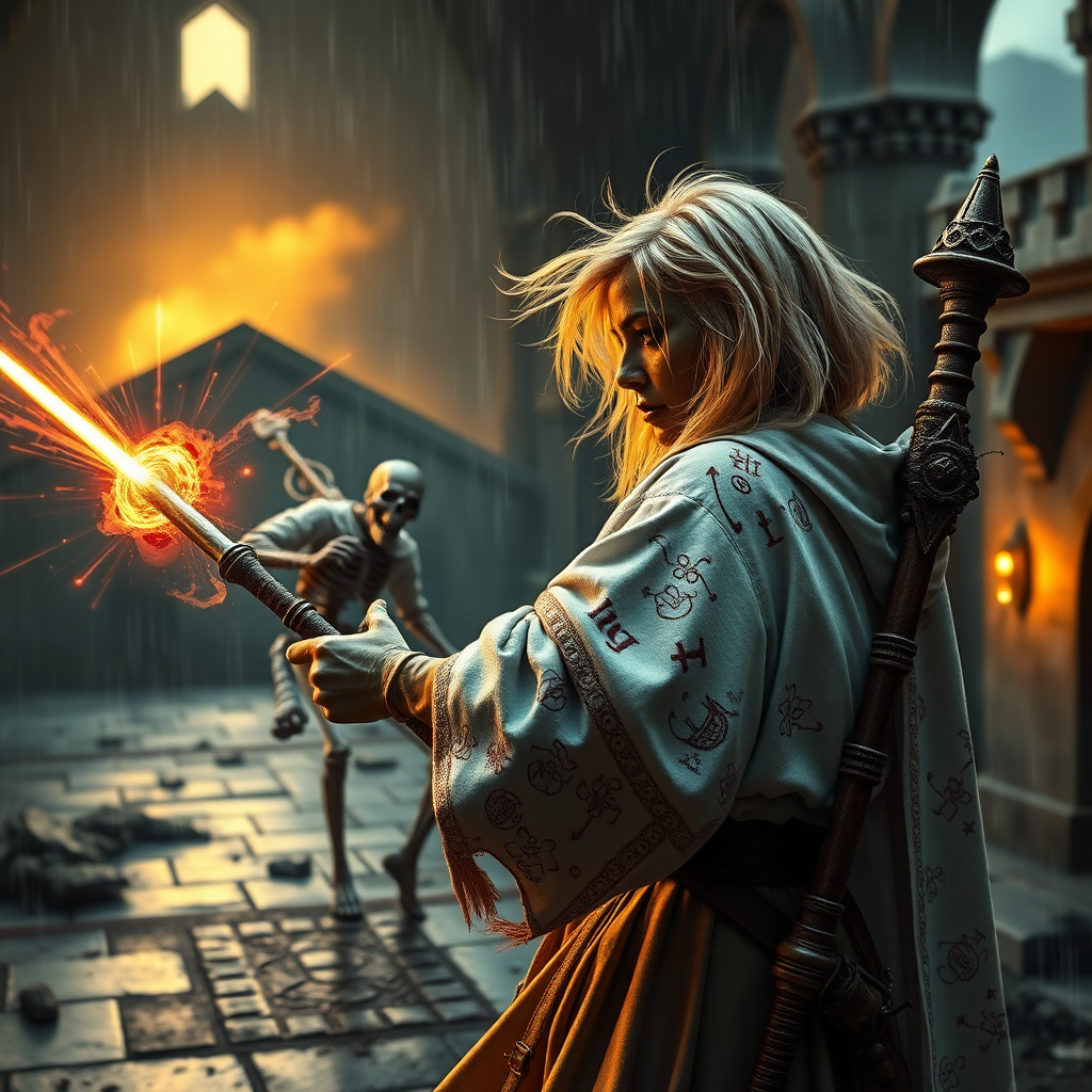 A full body shot of a pretty twenty-something female orc wizard with a face resembling (Ana de Armas). Green skin. Facing towards a skeleton warrior that is running toward her, she casts a laser spell at it, striking it in the head. Strawberry blonde messy shoulder-length hair tussled by the wind. White robes covered in runes, magic aura swirling around her visibly, magic staff with a gem. It is dawn. She is bleeding and covered in soot and dirt. Inside a castle courtyard. Forest and mountains, rain. Hyper-realistic, photorealistic digital matte painting, soft focus, film grain, lens flare. Gritty, dirty, scuffed.