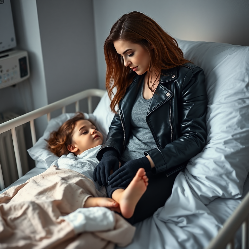 A beautiful bad girl in black leather jacket over black t-shirt with black pants and gloves visits her sick little daughter lying in bed.