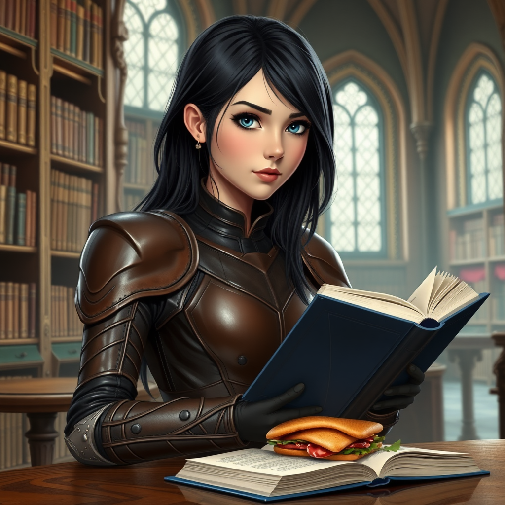 beautiful young woman, dark hair past her shoulders, blue eyes, small, slim figure, wearing full leather armor suit, sitting at table with sandwich, reading a book in a great library.