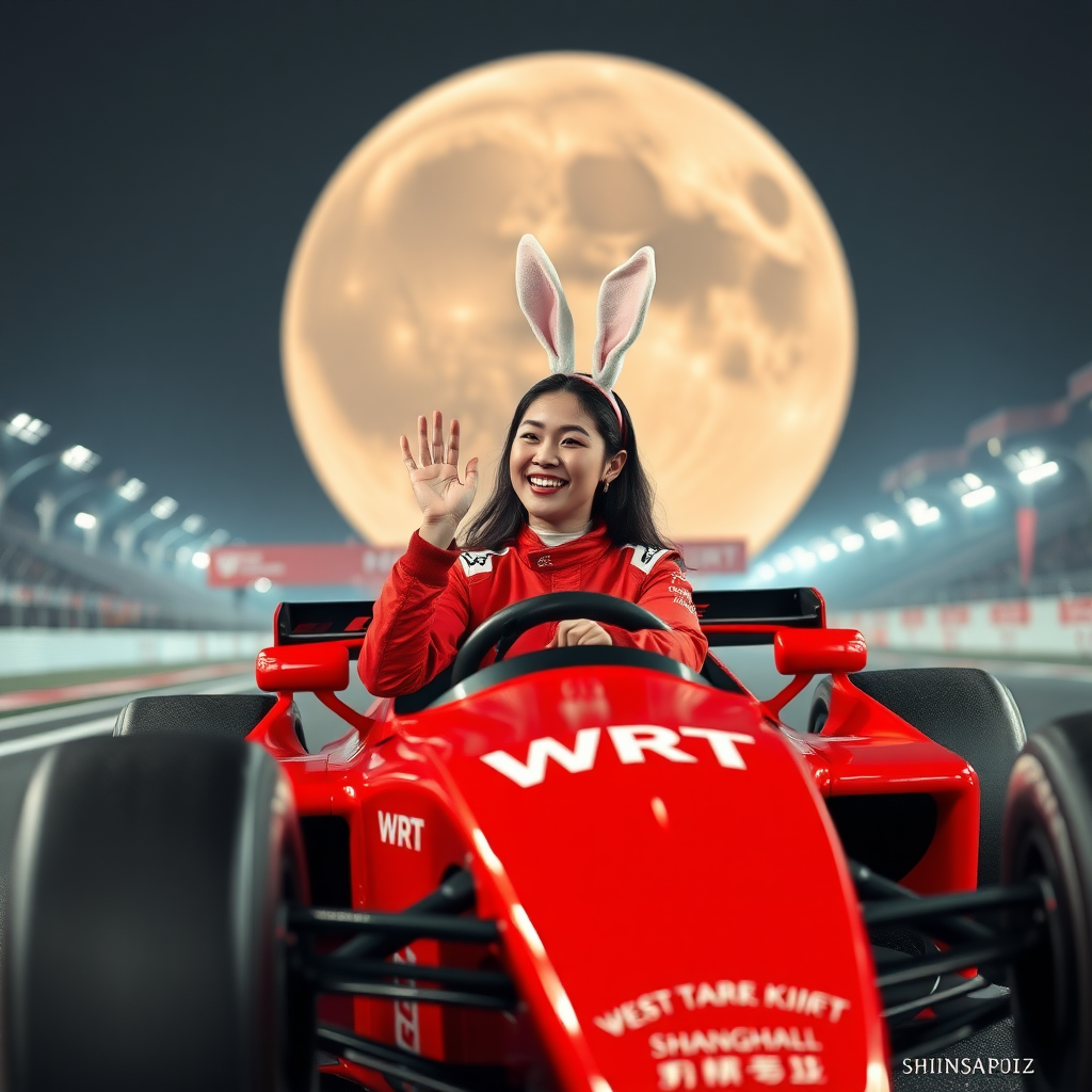 On the Shanghai International Circuit, a red formula race car with just "WRT" written on its body features a beautiful Chinese female driver. She wears rabbit ears on her head, sits in the car happily laughing and waving her hands, with her red racing suit also only bearing "WRT"; the background is a super-sized moon.