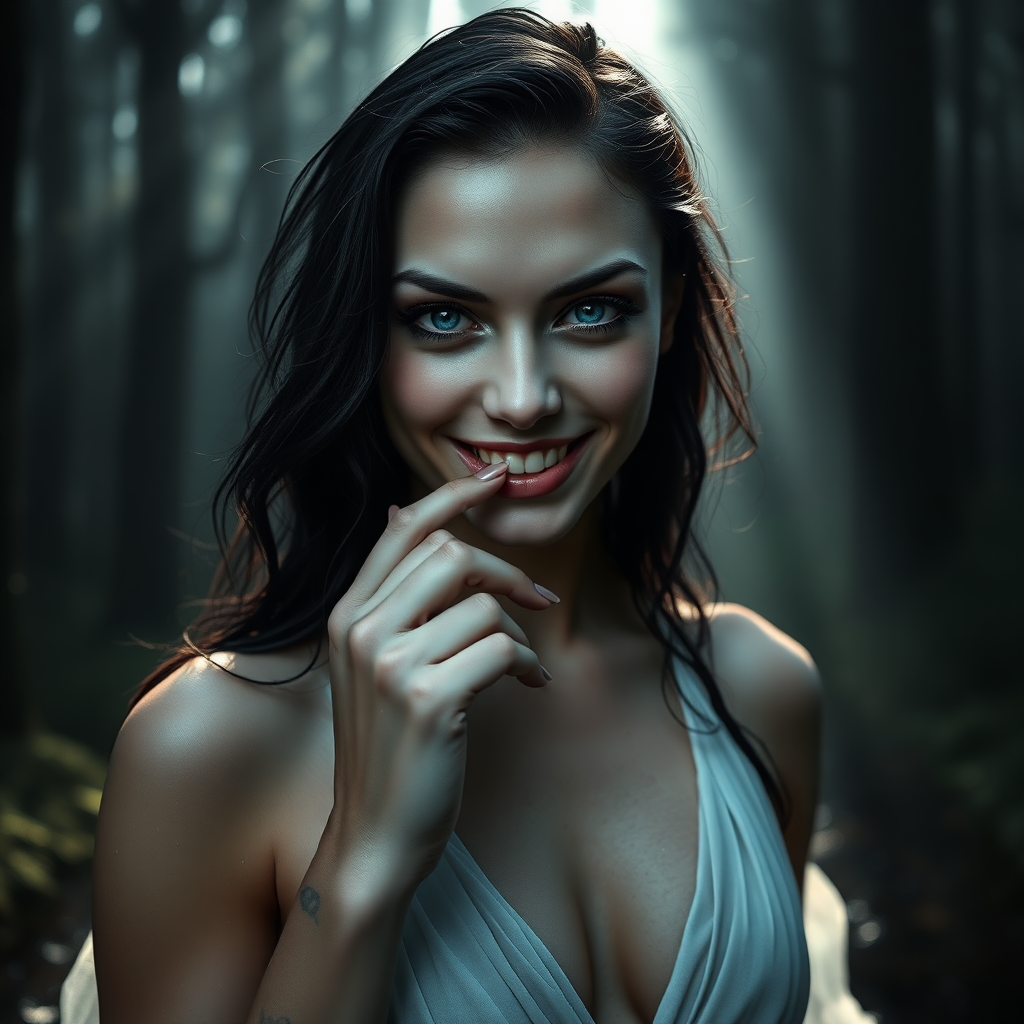 Enigmatically alluring inviting and scary looking smile.  
Running through secretive place, a small pond with God rays of light shining on her face in a glade in a tall magical forest where she lives, ready for an nude swim at any moment.  

The image presents Beautiful Hell standing with a powerful and commanding presence. She is a hyper photo realistic woman, visibly sweating, exuding menace, sexuality aroused and beauty. The background is dark and mysterious, enhancing her enigmatic presence and adding depth to the image.  

Her ((dark raven-black hair)) cascades down in soft, wavy strands often caught in a breeze, contrasting sharply against her pale, (((flawless unblemished skin))) with delicate feminine sexual tattoos sprinkled around her body.  

Beautiful Hell has a strikingly beautiful face with (fine unbroken porcelain white skin) and sooth and defined features. Her mouth slightly open, with a index finger laying on her lip and the tip of her finger in her mouth.  

Her eyes are sharp and in focus when zoomed in to one of her eyes. Her eyes are a piercing blue (intensely realistic) in (detailed realistically), bright and crisp, and realistically detailed and deep are intense and captivating, capable of drawing you in, and intimidating anyone who meets her gaze. Her eyes show an intense need to own the viewer, are framed by long dark lashes, adding to their dramatic effect. Her expression is sexual and menacing and intense, reflecting her dual nature.  

Emotional and Visual Impact:  
The image evokes a sense of raw sexual attraction and admiration for Beautiful Hell’s beauty, body, intricate revealing, intimacy, and intense. The combination of transparent sheer fabric, a deep and wide plunge line that reveal the edge of her nipples, and delicate ultra light white silk of her dress creates a balance between elegance and sexual allure, making her beautiful to linger your gaze upon, unavoidably sexually attractive, and intimidating. The visual intensity of the image is heightened by the dark, mysterious background, which adds to her enigmatic presence. The overall emotional response is a mix of admiration for her beauty, a subtle unnerving sense of fear or respect, and mostly for her bold, daring, sexual attention demanding design that she wears to specifically honor her deliberate and leading the viewer to physical sexual attraction to her. Her demeanor and physical exposure are outrageously bold, giving her an openly gleeful and ecstatic smile reflected in her ((brilliant blue eyes)), and inviting anyone to oppose her.  

Dress Design and Features:  
Plunge Line: The dress, made of a thin revealing silk, show's the colors of her areolas, and features a deep and wide plunge line that extends to just below her belly button, revealing the smooth skin of her torso and her belly button emphasizing the dress's allure and Beautiful Hell's alluring natural SEXUALITY.  
The dark, remarkably fine silk of the dress clings closely to her figure, accentuating her curves and emphasizing her feminine form.  