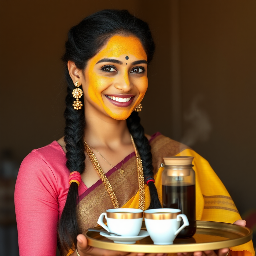 slim, 30 year old, sexy, traditional indian wife, decorated hair braid, turmeric face mask. She is smiling and serving coffee on a tray to guests.