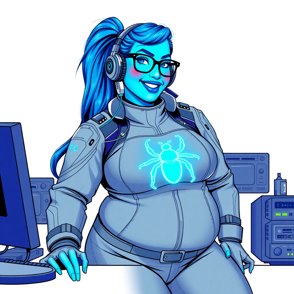 A nerdy, full figured neon blue skinned 29-year-old computer program hybrid with a long, neon blue ponytail. She wears maximum blue lipstick and has bright blue eyes. Her outfit includes a digital, computerized, middle gray biker suit featuring a neon blue glowing beetle chest icon. She sports a sapphire headset and black eyeglasses, with a beaming smile and neon red blush. Her full figure reflects the doting care of her vigilante boyfriend. As his tech expert, she works diligently at her lab table in their hideout. The background is solid white. She has a prominent, gargantuan, round midsection, titanic limbs, and broad shoulders. Her neon glowing turquoise skin highlights her digital nature. She is drawn as if she was in a retro 2D cyberpunk fighting game.