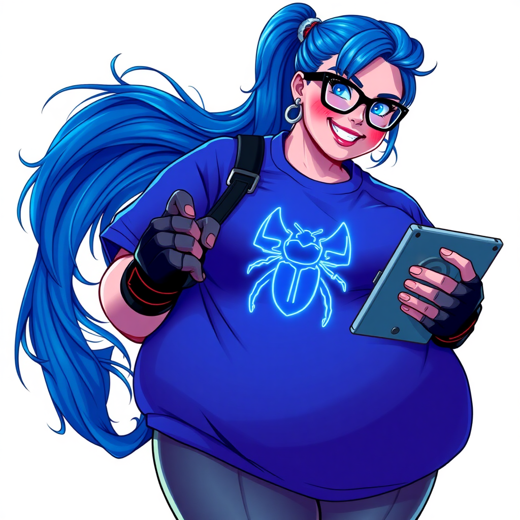 A 28-year-old, full-figured tech genius, she is the devoted girlfriend and sidekick of a cyberpunk vigilante. Her long, maximum blue ponytail and glowing sapphire eyes are striking features. Her prominent, round midsection, gigantic limbs, and broad shoulders define her full figure. As the loyal and supportive sidekick, she plays a crucial role in their missions, using her digital and technological prowess to assist and protect.

She wears an oversized maximum blue t-shirt with a glowing neon blue beetle chest icon and black high-tech gloves. Her neon red blush and lovestruck smile are ever-present as she holds a futuristic wrench and a digital holographic tablet. Her face, often smeared with pizza sauce, shows how pampered she is by her doting boyfriend. Her nerdiness is unmistakable, accentuated by her black oversized eyeglasses. She is on a solid white background. She serves as her boyfriend’s indispensable tech expert. She is drawn as if she was in a retro 2D cyberpunk fighting game.