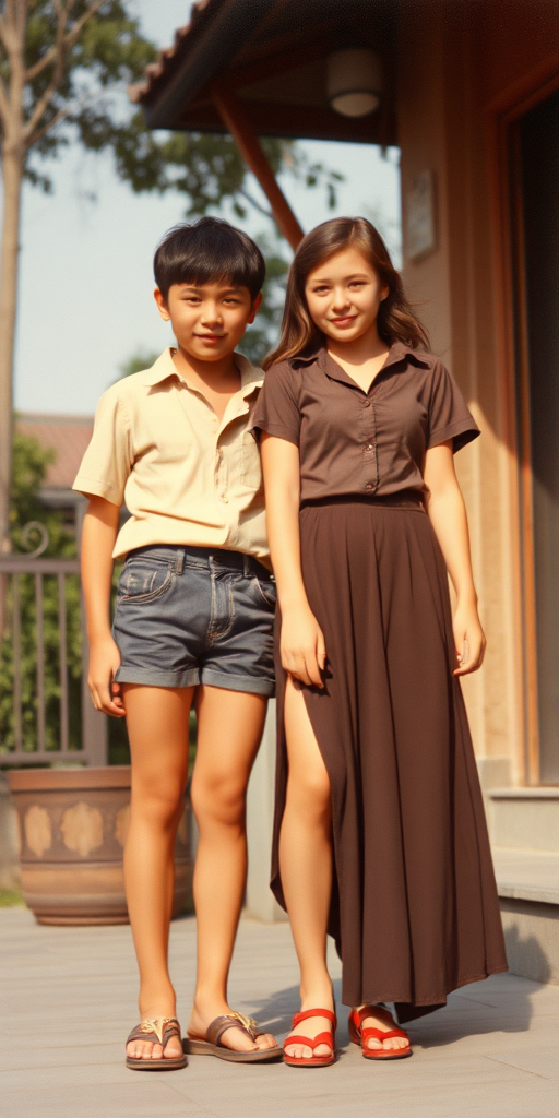 Vintage photo, 1980s. Hot summer. China. Tall 14yo teen boy wearing short shirt, tight booty shorts, long legs, bare thighs. With a girl wearing shirt, long skirt. Full length view.