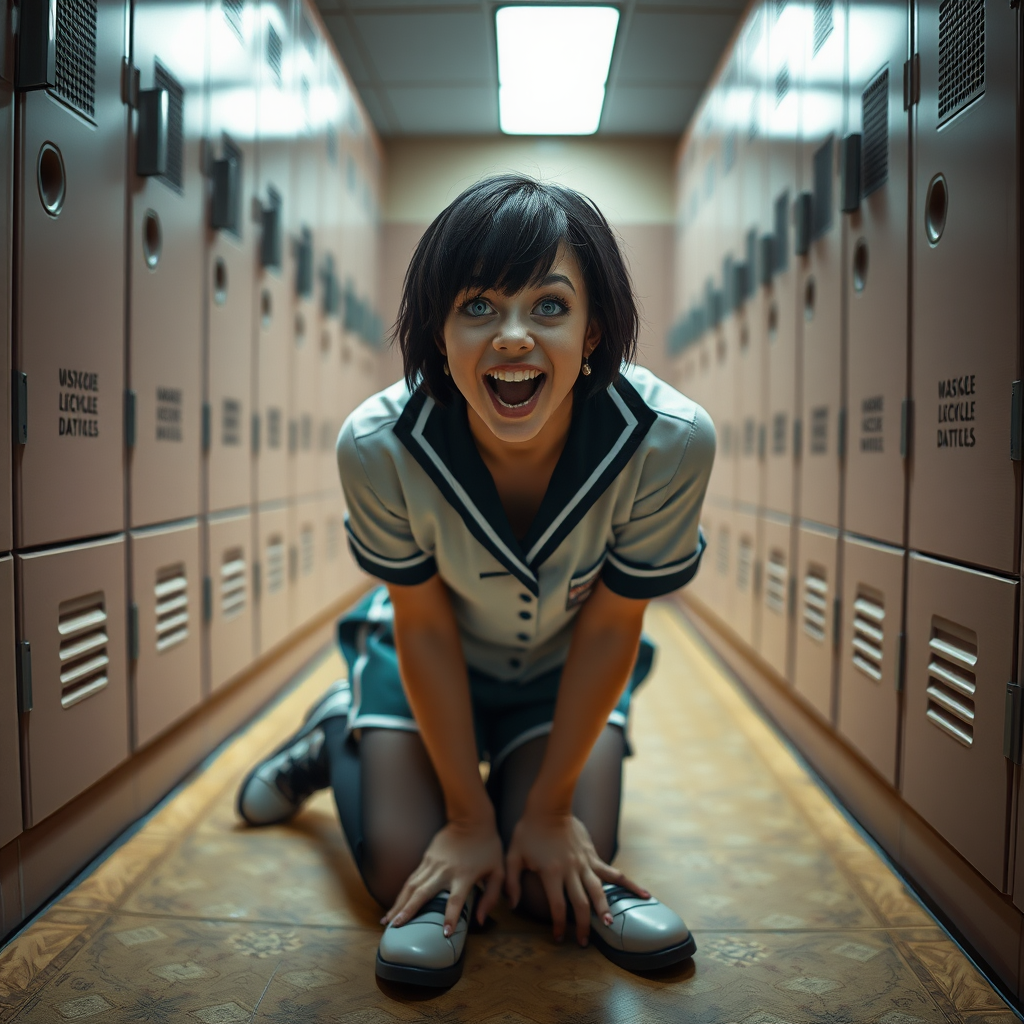 photorealistic, ultra high resolution, 16K, surreal fantasy, soft studio lighting, a pretty 17 year old goth male, slim male physique, short dark hair, blue eyes, goth makeup, earrings, sheer pantyhose, UK girls-school uniform, Mary-Jane shoes, kneeling on the floor of the locker room looking up at the camera, excited open mouth smile, drooling saliva, facing the camera.