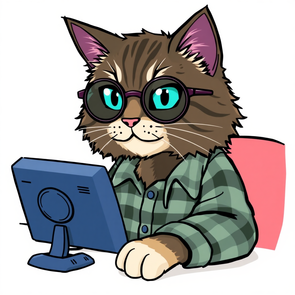 A Maine Coon cat playing a video game with semi-round glasses and a flannel shirt in a cartoon style.