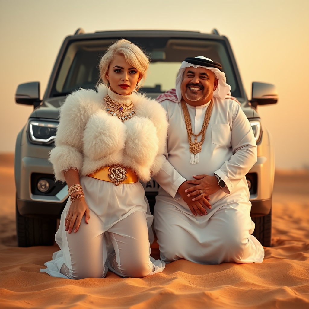 Kuwait desert dunes misty dawn, full size luxury SUV: Melissa, European 17 years old very convincing femboy “trophy-bimbo”, tamed servile docile, very beautiful feminine flawless face, rather short, by hormones very curvaceous womanly figured, platinum blond short tight curls, bold red lips, heavily made-up face, wearing Supertanya-style fluffy very fuzzy bright white angora turtleneck-poncho cropped ending under bust decorated with pearls and gemstones, striking oriental wide gold bridal protection belt, white fully transparent harem pants, full Oriental bridal jewelry with striking headpiece, full Oriental face-jewelry, striking diamond “$$$” letter brooch on left chest, pout frustrated, hands tied behind back, kneeling in sand in front of SUV, looking at camera. Focus on face and turtleneck-poncho. Sitting next embracing Melissa: older overweight mighty sheik laughing.