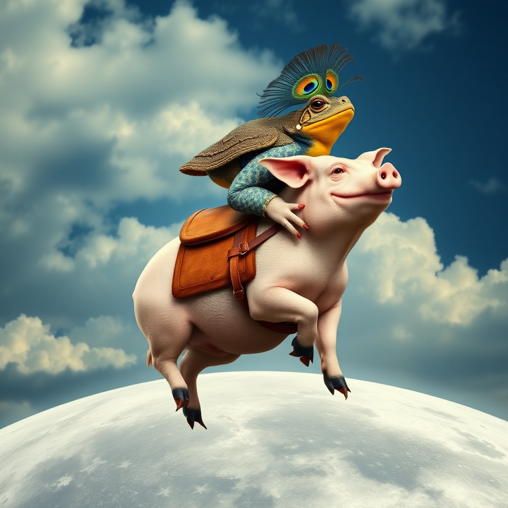 photorealistic pig with a wooden saddle galloping in the cloudy sky above the moon surface, the pig is mounted by a toad with a crown made of peacock feathers, the toad looks angrily, the pig smiles stupidly