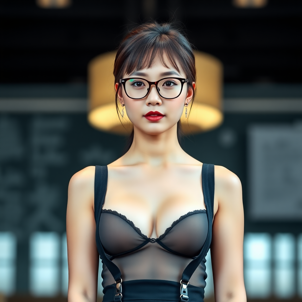 Help me produce a photo: standing in front, a Chinese woman, a female teacher, beautiful, elegant posture, sexy with a full bust and curvy hips, wearing glasses, in sheer clothing, lingerie, black stockings and suspenders, about 20 to 30 years old.