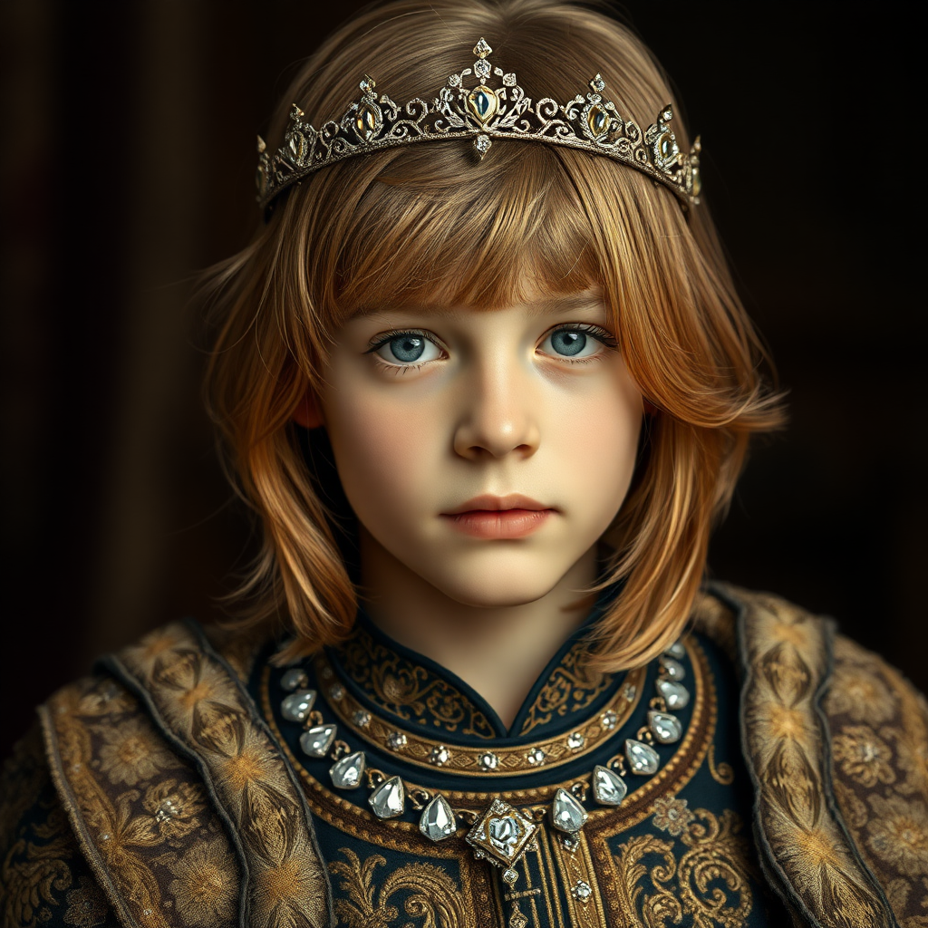 16yo teen boy prince, long bob cut, embroidered with gold and diamonds medieval cloths, diamond diadem. photorealistic, ultra high resolution, 16K,