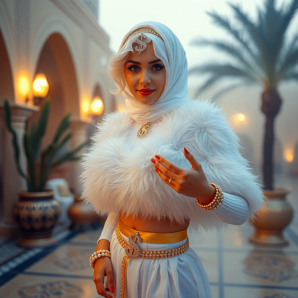 Kuwait desert palace harem patio misty dawn: Melissa, European 17 years old very convincing femboy “trophy-bimbo”, tamed servile docile, very beautiful feminine flawless face, rather short, by hormones very curvaceous womanly figured, platinum blond short tight curls, heavily made-up eyes, wearing Supertanya-style fluffy very fuzzy bright white angora turtleneck-poncho cropped ending under bust decorated with pearls and gemstones, striking oriental wide gold bridal protection belt, white fully transparent harem pants, full Oriental bridal jewelry, face covered by white sheer full Burka, coin anklets, striking diamond “$$$” letter brooch on left chest, pout frustrated, seductively dancing for the sheik, looking at camera. Focus on face and turtleneck-poncho.