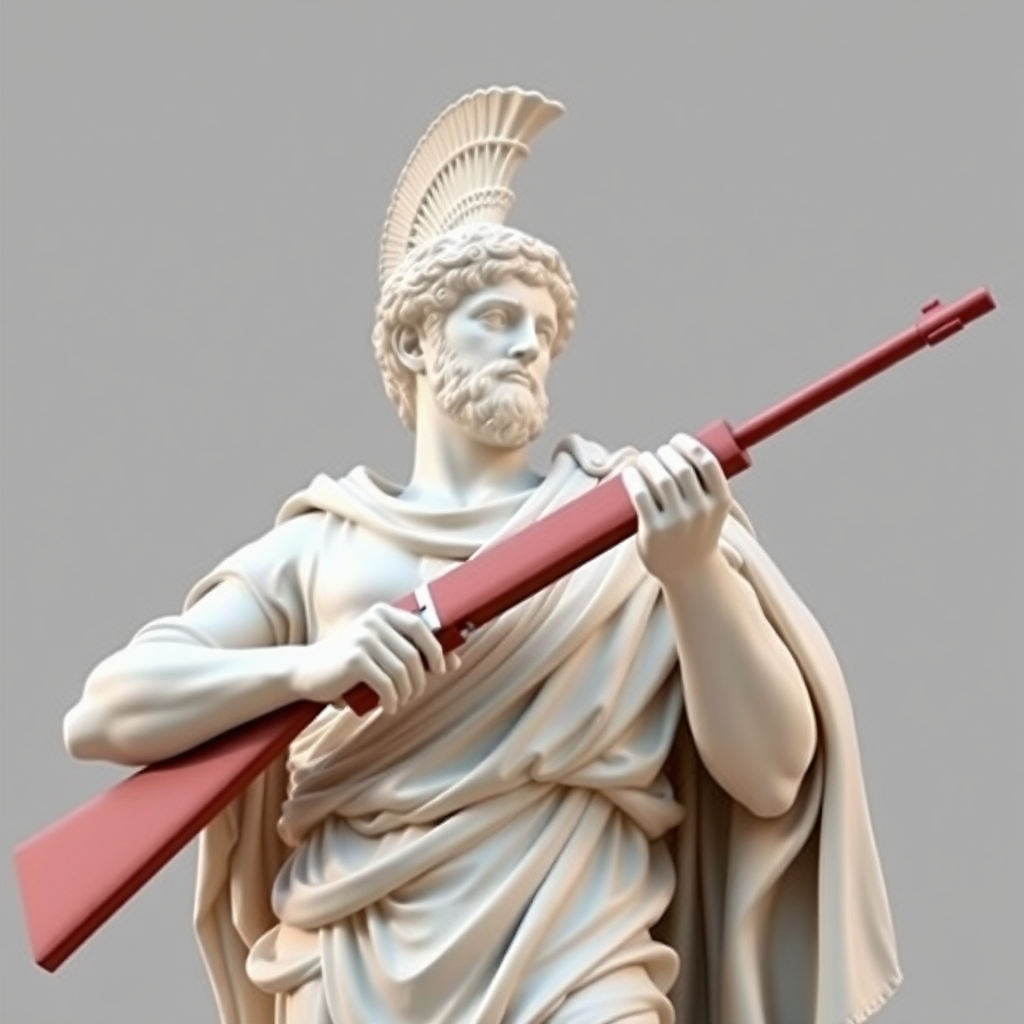 Art. Roman statue with a rifle in the same color as the statue posing.