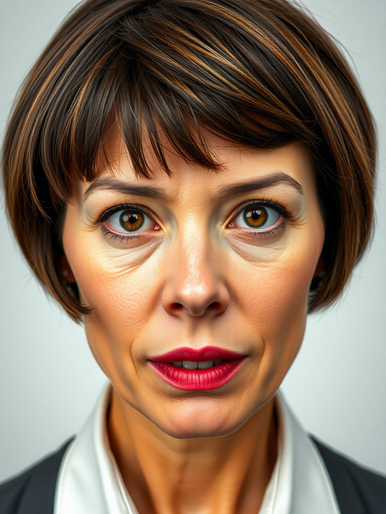 mature secretary, short brown bobcut, swept bang, brown piercing eyes, thick dark eyebrows, big nose, big mouth, big yellowish teeth, moles, skin imperfections, youthful, severe expression