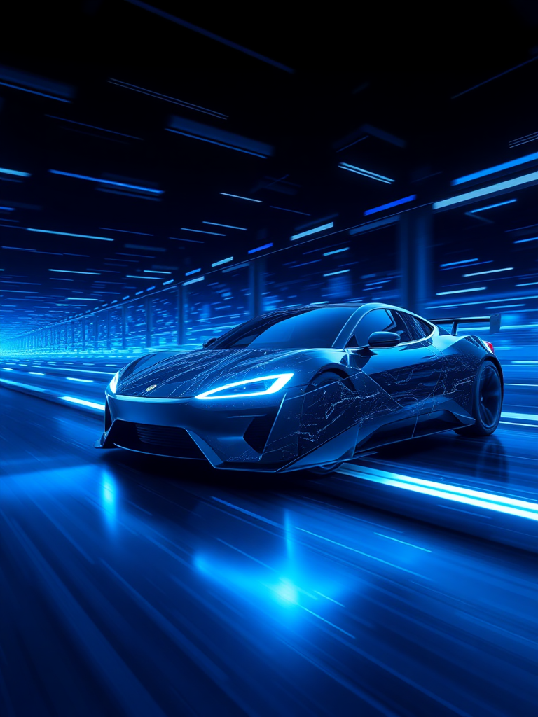 Make a realistic 3D rendering of an electric car racing in cyberspace. Make the background cyber-like and the electric sparks give off a sense of speed. Make the overall color dark blue.