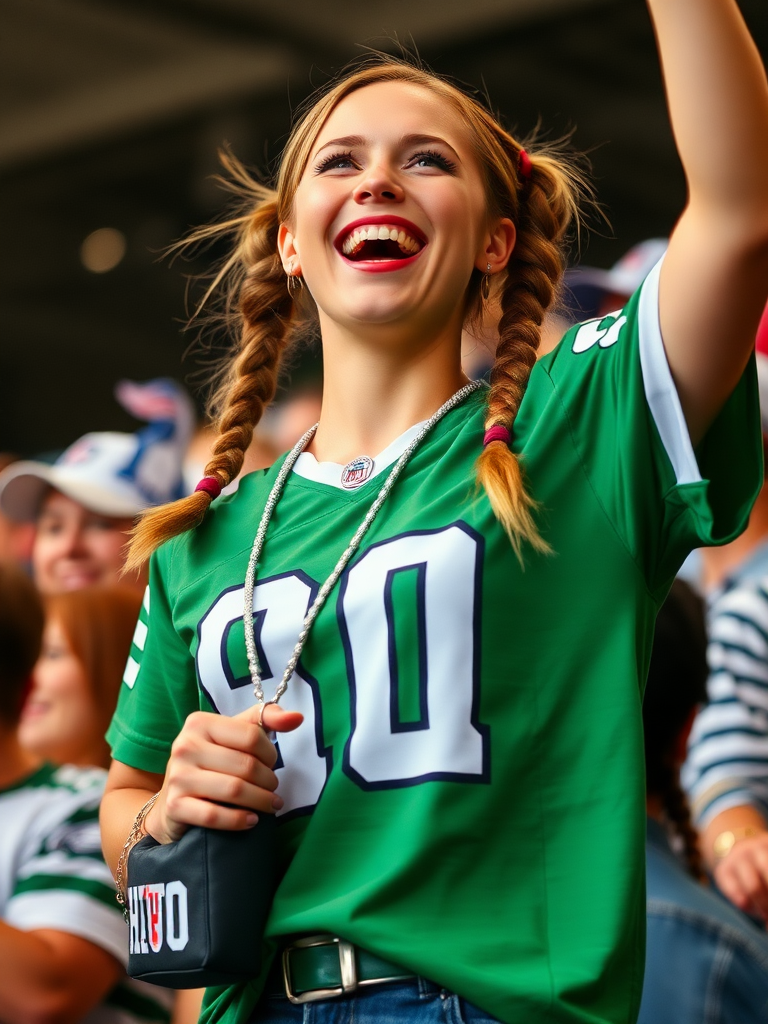 Attractive female NFL fan, pigtail hair, cheering wildly