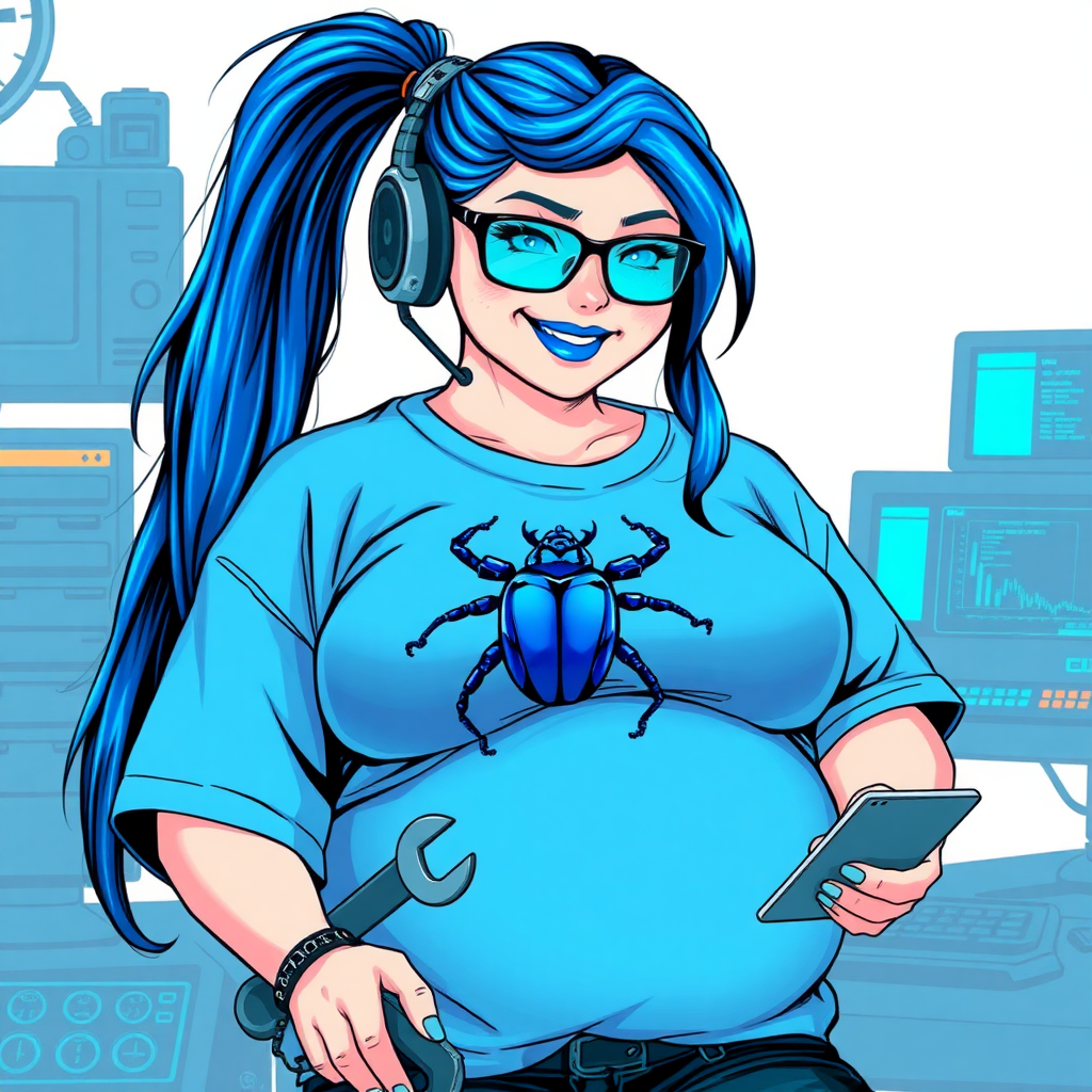 A cyberpunk vigilante’s full-figured intelligent and tech-savvy 28-year-old girlfriend, who is a computer hacker and tech genius. She has a long maximum blue ponytail. She wears maximum blue lipstick, blue eyes, a sapphire beetle gemstone necklace, sapphire earrings, black eyeglasses, and an oversized maximum blue t-shirt featuring a blue sapphire gemstone crusted chest icon of a beetle. She has a full-figured physique with a prominent, round belly, reflecting her well-cared-for lifestyle. She sports a sapphire headset with a hi-tech maximum turquoise lensed HUD, and a beaming smile with a passionate neon red blush. She serves as his tech expert from his hideout, diligently working at her workbench and computer desk, while holding an electronic wrench and a holographic computer tablet. The background is solid white. She is drawn as if she was in a retro 2D cyberpunk fighting game. Ensure her maximum blue t-shirt covers her belly.