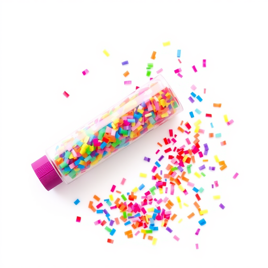 colorful confetti popper tube lying flat at an angle with confetti around it, white background, realistic