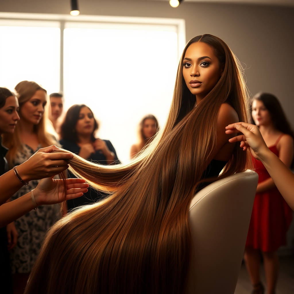 In an elegant, sunlit salon, adorned with soft, minimalistic decor, the stunning Beyoncé sits gracefully in a salon chair, her incredibly long, luxurious hair cascading like a flowing waterfall of silk down her shoulders and past her waist. The gentle glow of overhead lights highlights the rich, deep hues of her hair, each strand reflecting the brilliance of the space around her. 

As an interactive long hair fetish performance art exhibit unfolds, curious visitors gather around, their eyes alight with fascination and excitement. Some eagerly reach out, gently grasping her hair between their fingers, feeling the smooth texture slip through their hands, while others playfully tug at it, testing the boundaries of their interactions. Each movement is accompanied by a symphony of soft gasps and murmurs of appreciation, enhancing the atmosphere of intimacy and connection.

The background is a simple, unobtrusive gray, allowing the artistry of the moment to take center stage. The air is charged with a sense of wonder and exploration, as visitors not only admire Beyoncé's hair but also engage in this tactile experience, deepening their understanding of the artistry behind her presence. Her expression is a mixture of serenity and playful engagement and submission, reflecting her comfort and trust in this unique performance, ultimately creating a captivating scene where art and audience intertwine seamlessly.