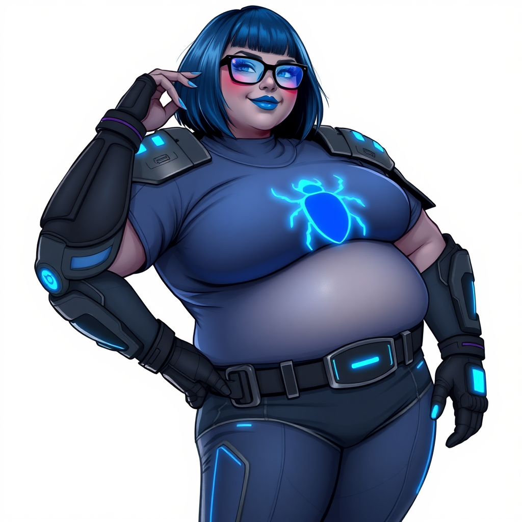 A 28-year-old, full-figured, middle gray (N5) skinned computer program hybrid with a maximum blue bob cut. She has a full-figured, non-athletic build, highlighted by a prominent, round, large midsection (with full emphasis on her large belly), which shows the effects of her new love of junk food acquired from her boyfriend. As the full-figured, nerdy, digital sidekick to her cyberpunk vigilante boyfriend, her metallic middle gray (N5) skin and maximum blue lipstick emphasize her digital nature. She wears a digital, computerized costume, consisting of a huge, tight-fitting, maximum blue t-shirt with a neon blue glowing chest icon of a beetle, hi-tech shoulder pads with neon blue accents, a black hi-tech belt with a maximum blue beetle digital buckle, digital maximum blue biker pants with neon blue accents, and black hi-tech biker gloves with neon blue glowing accents. Her neon blue glowing eyes, black eyeglasses with neon blue lenses equipped with a built-in HUD, and bashful smile with neon red blush accentuate her nerdiness. She stands bashfully with one hand behind her back and the other hand gently touching her cheek, her costume covering all her skin (including her large midsection) and heavily emphasizing her full-figured physique (especially her large belly). She is clearly non-athletic, with a full focus on her full-figured physique. Despite her full-figured build, she radiates beauty. She has a slim face compared to her physique, accentuating her radiant beauty. She is on a solid white background. She is drawn as if she were in a retro 2D cyberpunk fighting game. Ensure she has a metallic middle gray (N5) skin coloration.