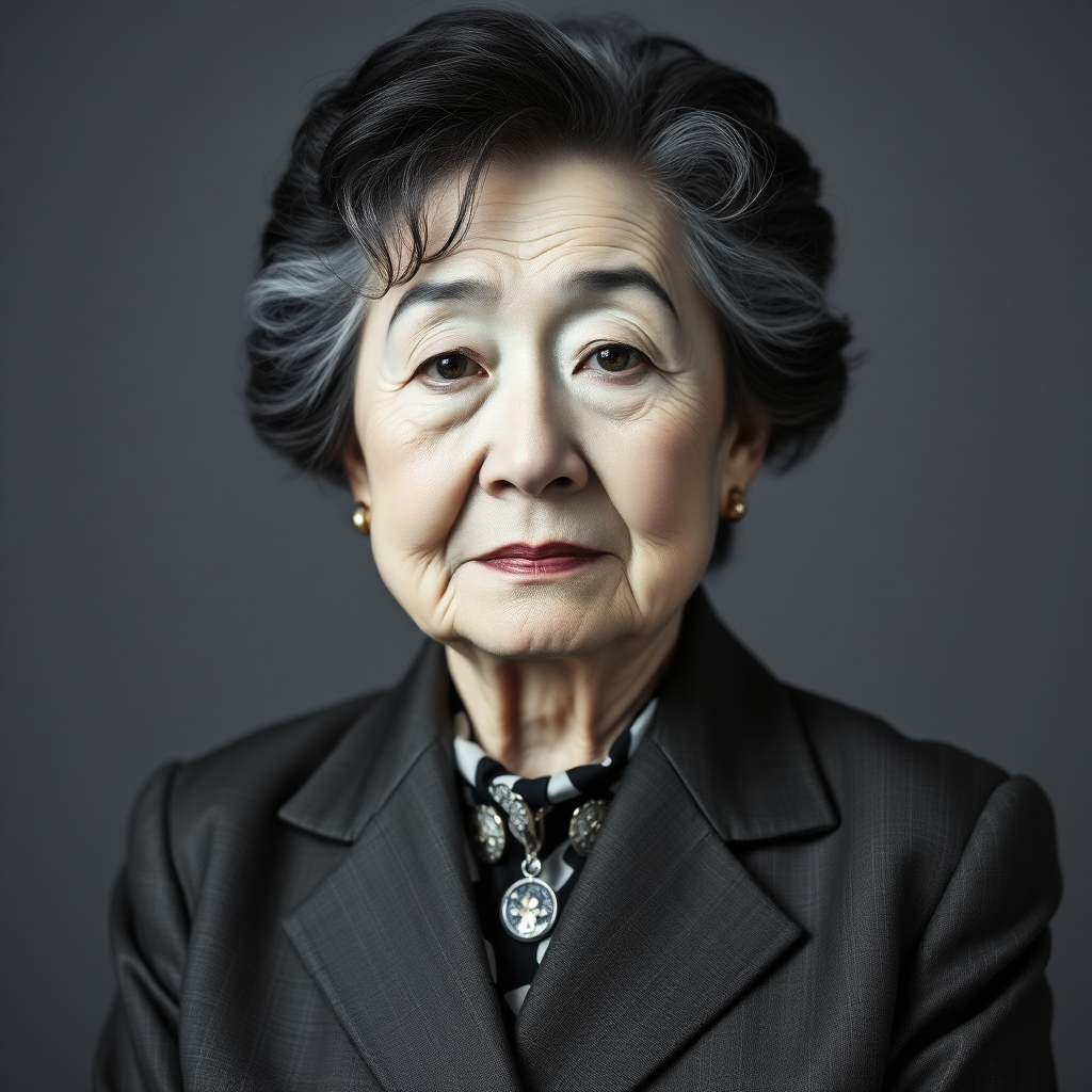 80 age old korean woman, front, woman suit, photo studio background, black and white hair,