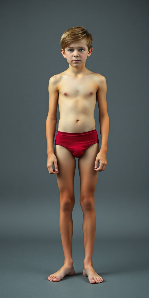 A skinny 14yo teen boy, long hairs bow cut, wearing tight narrow speedo, long legs, narrow thighs. full-length view. 1980s. photorealistic, ultra high resolution, 16K, Negative: grainy, blurry, bad anatomy, extra limbs, watermark.