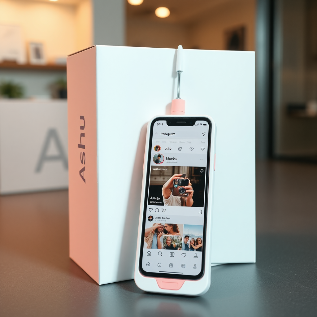 A close-up straight front view of a mobile phone in a shape inspired by a syringe, white pink futuristic, kept for sale leaning against a box with the text "Ashu" and minimal design, in a showroom, touchscreen phone with the Instagram page open on the screen, needle on top, whitepunk.