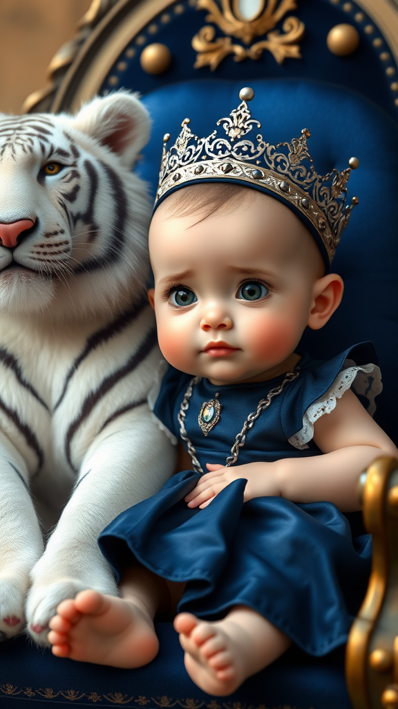 A cute small chubby fair baby with big eyes, pink lips, and pink cheeks, wearing a royal dark blue frock, sitting on a navy blue throne next to a white fluffy cute tiger, cinematic (realistic).