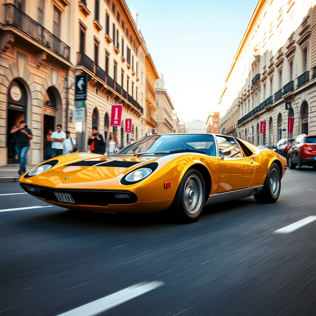 Lamborghini Miura in golden colour, driving in the streets of Rome